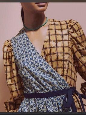 Ciao Lucia Mixed-Print Wrap Dress in Mustard and Blue Floral-Geo